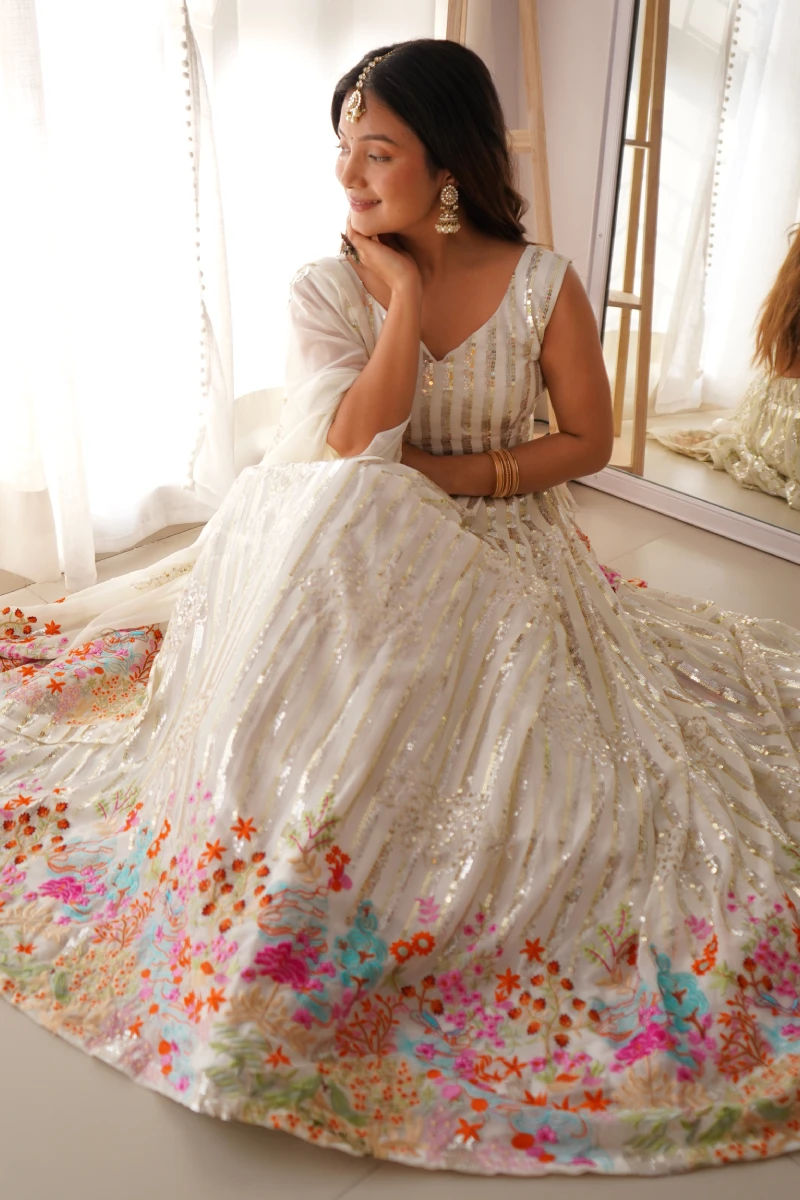 White Faux Georgette Embroidered Lehenga Choli with Dupatta