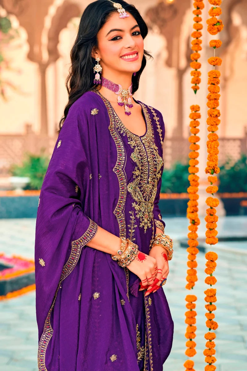 Purple Embroidered Chinon Anarkali Salwar Suit with Dupatta