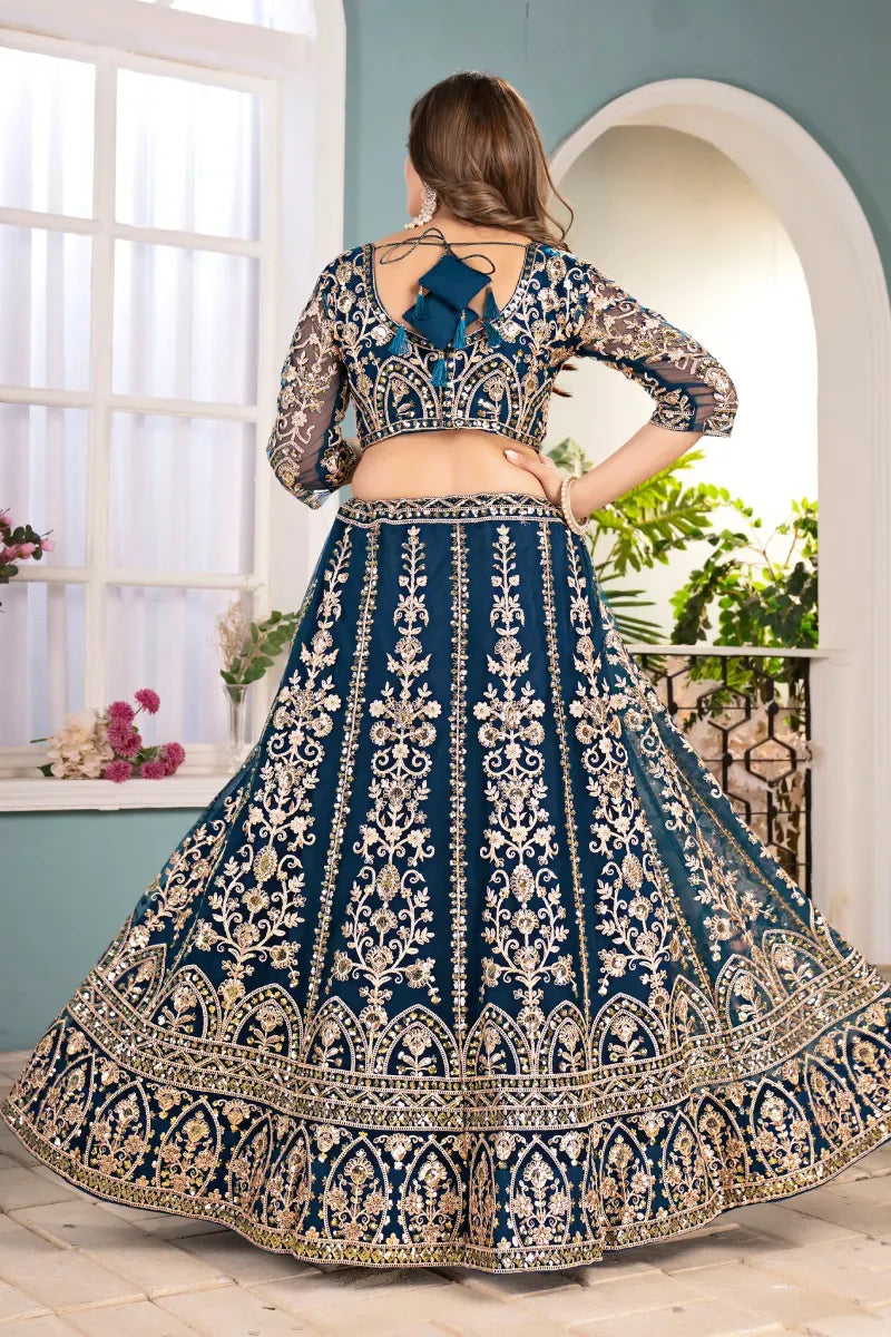 Teal Blue Net Embroidered Sequins Lehenga Choli with Dupatta