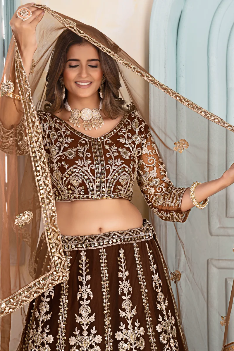 Brown Net Embroidered Sequins Lehenga Choli with Dupatta