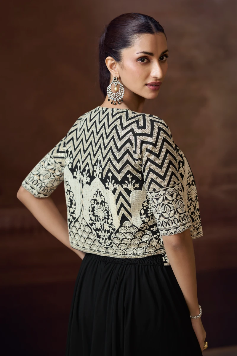 Black Georgette Embroidered Jacket Style Palazzo Suit