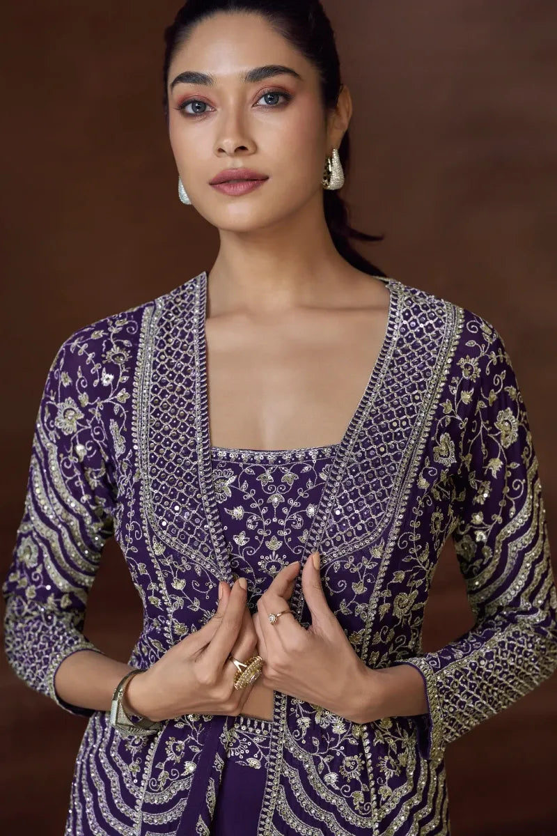 Purple Chinon Silk Palazzo Suit with Embroidered Jacket
