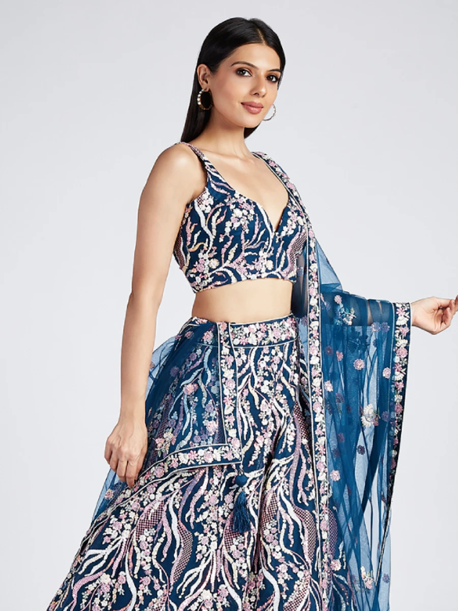 Navy Blue Net Sequins and Thread Embroidery Lehenga Choli & Dupatta