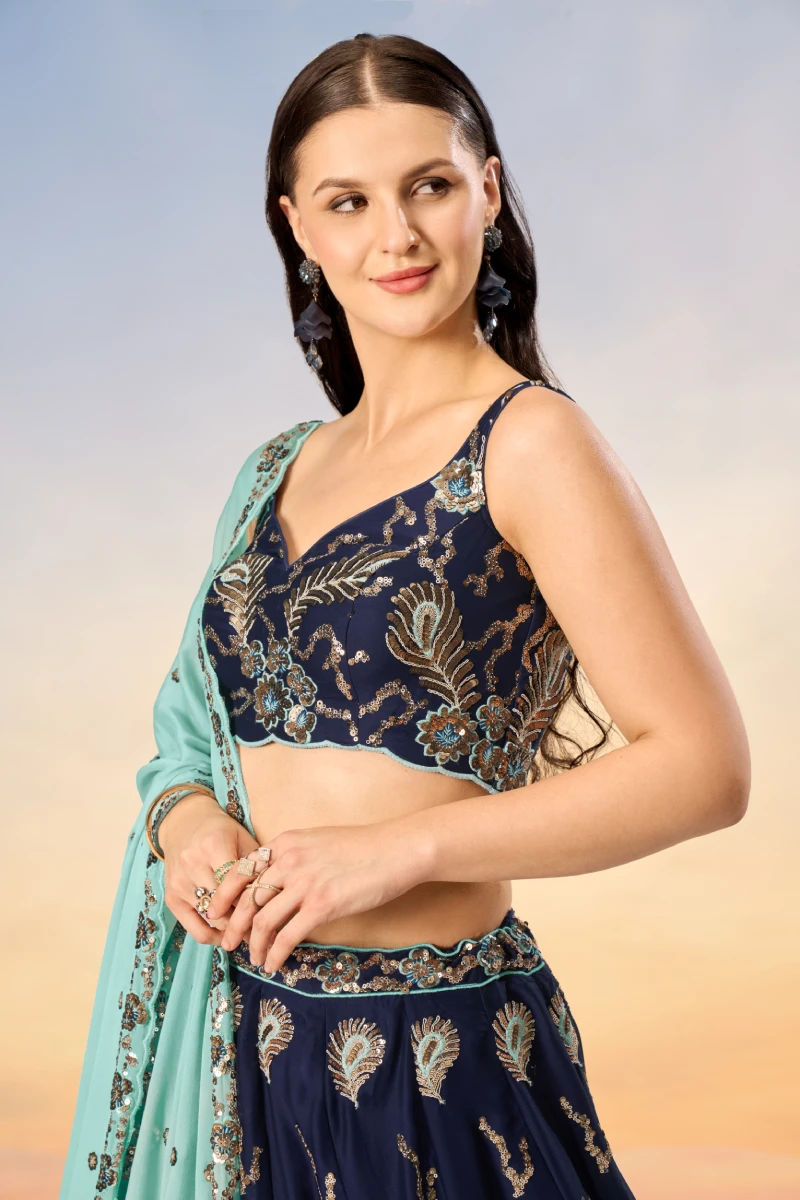 Navy Blue Pure Georgette Sequins Embroidered Lehenga Choli with Lavender Dupatta