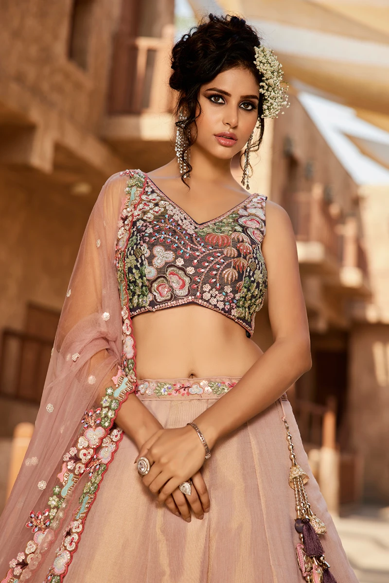 Purple Bridal Net Sequins Embroidered Lehenga Choli with Dupatta