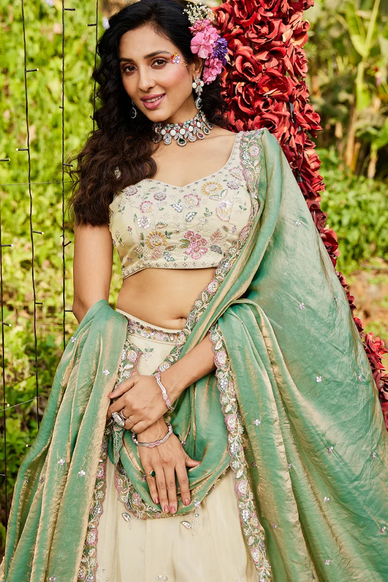 Cream Tissue Fabric Sequins Embroidered Lehenga Choli with Dupatta