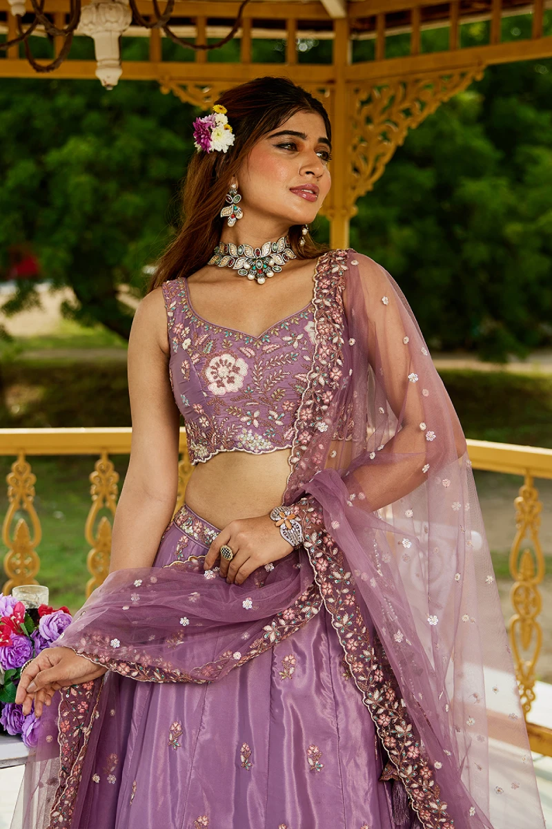 Rose Gold Satin Sequins Embroidered Lehenga Choli with Dupatta