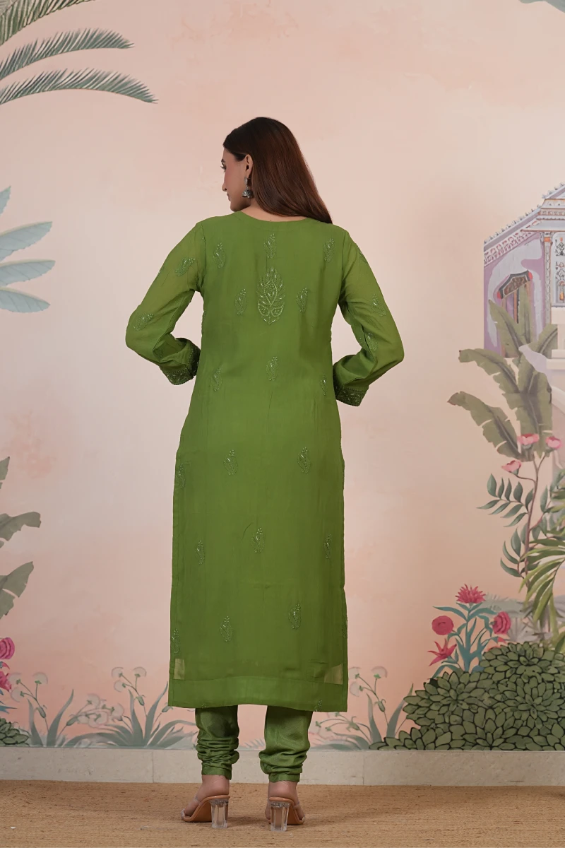 Olive Green Chikankari Handwork Straight Kurta Set with Dupatta