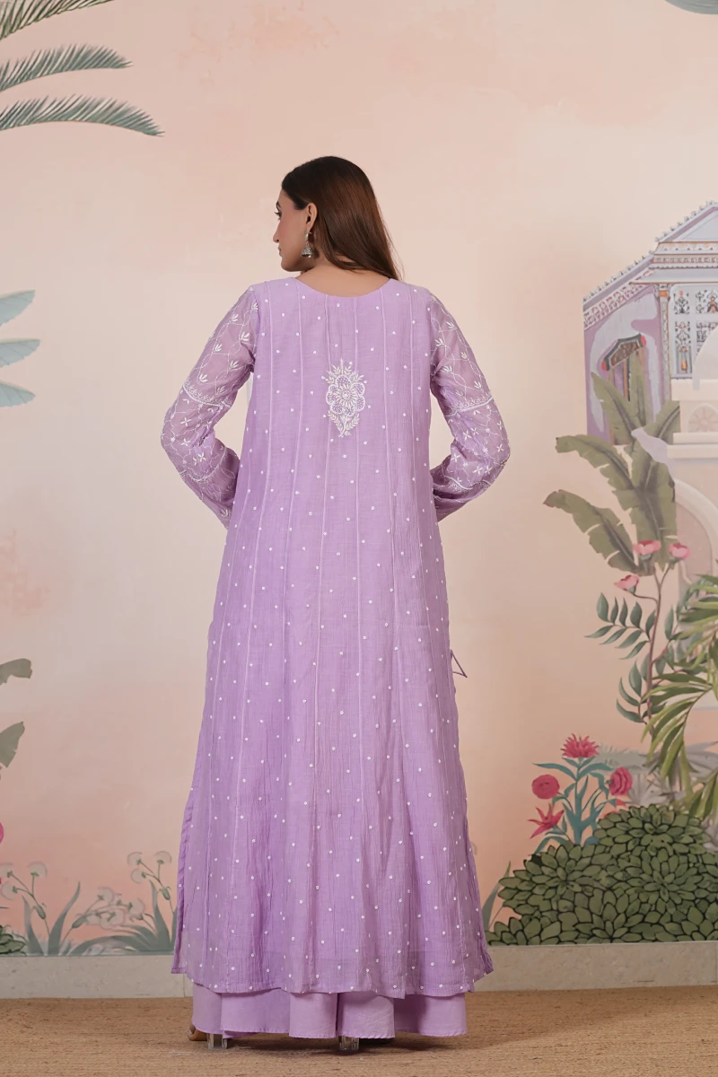 Lilac Chikankari Handwork A-Line Kurta Set with Dupatta