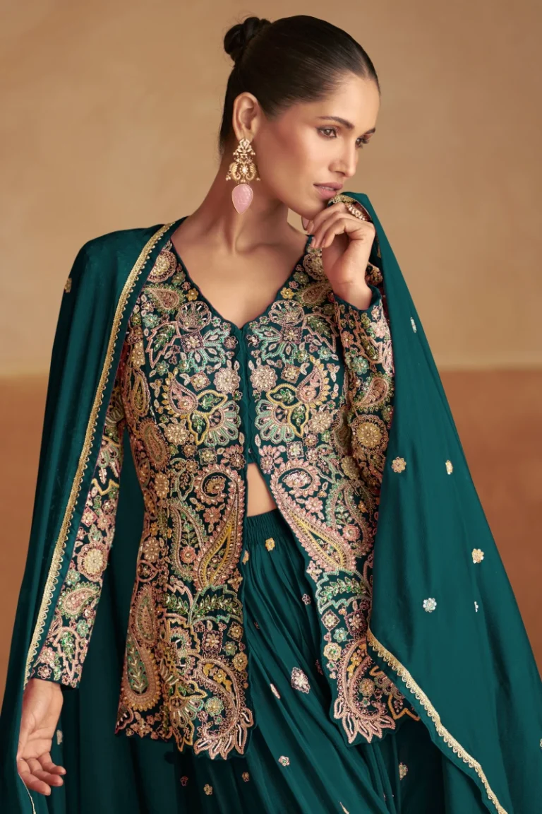 Green Chinon Jacket Style Palazzo Suit with Dupatta