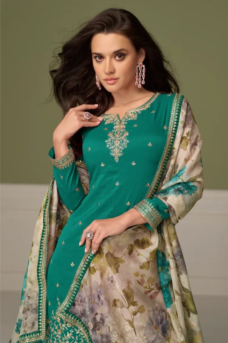 Green Simar Silk Palazzo Suit with Tabi Silk Dupatta