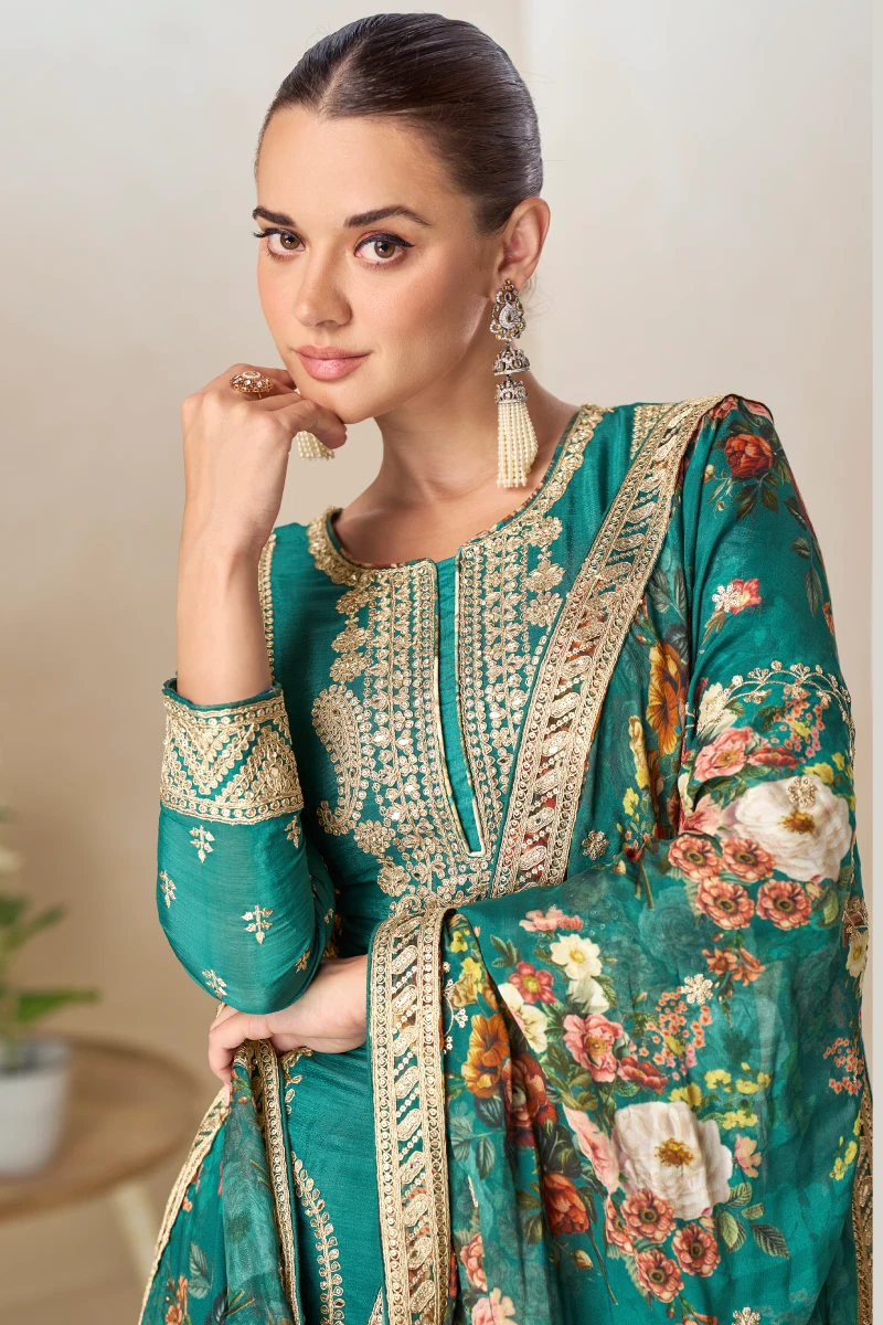 Green Chinon Silk Digital Print Embroidered Palazzo Suit with Dupatta