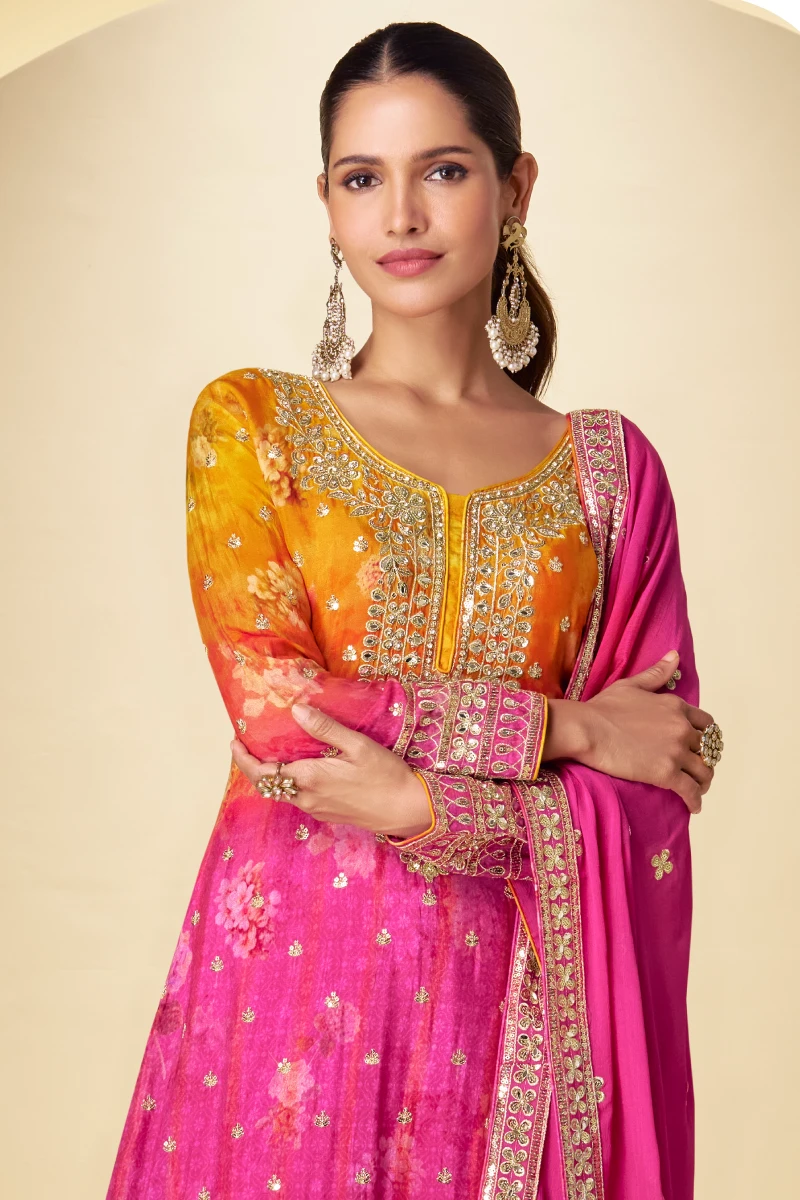 Orange & Pink Mix Chinon Silk Embroidered Palazzo Suit with Dupatta