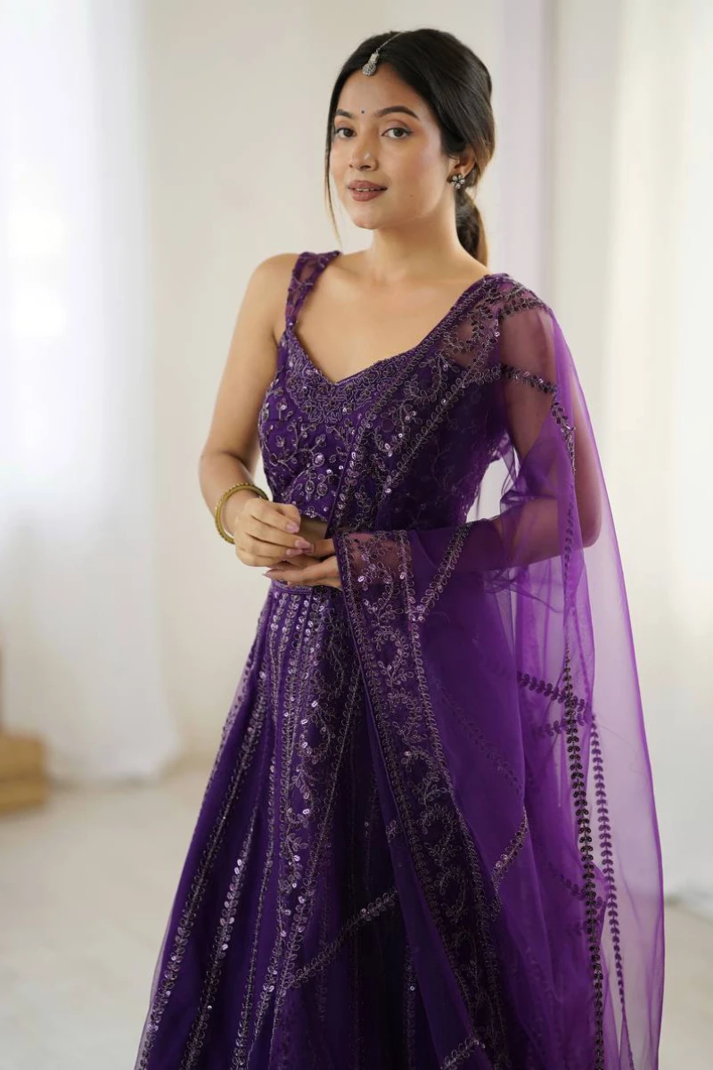 Purple Net Embroidered Lehenga Choli with Dupatta