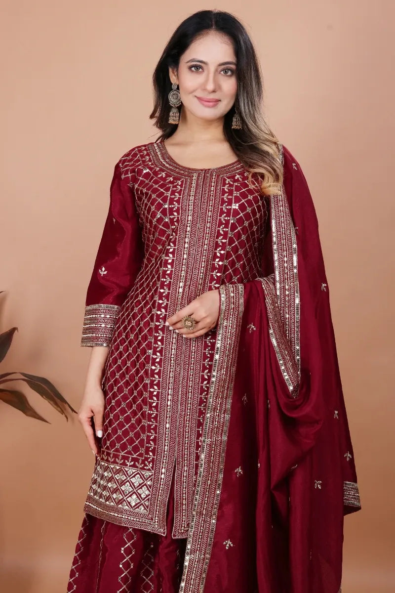 Maroon Chinon Embroidered Palazzo Suit with Dupatta