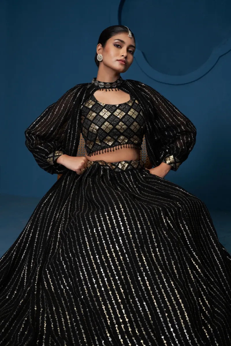 Black Georgette Sequins Lehenga Choli with Cape