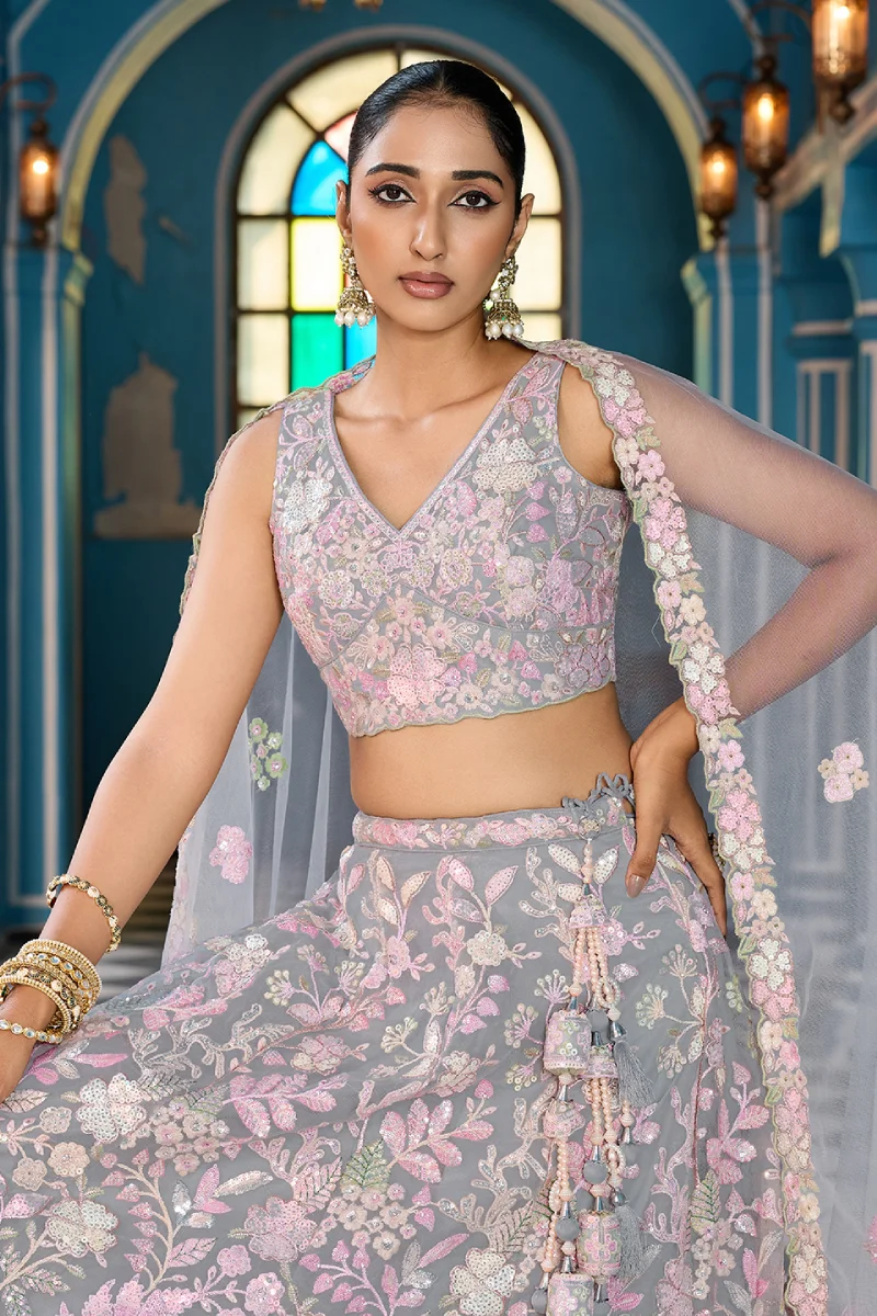Grey Net Sequins Embroidered Lehenga Set