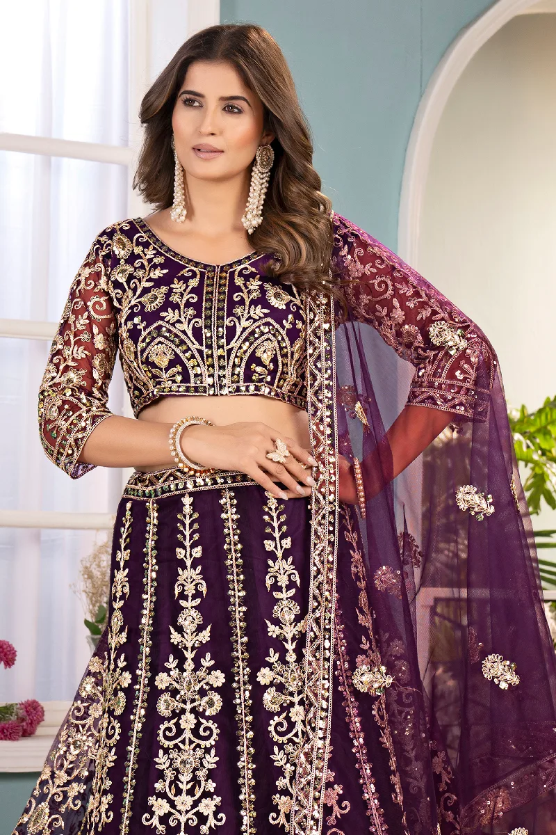 Purple Net Embroidered Sequins Lehenga Choli with Dupatta