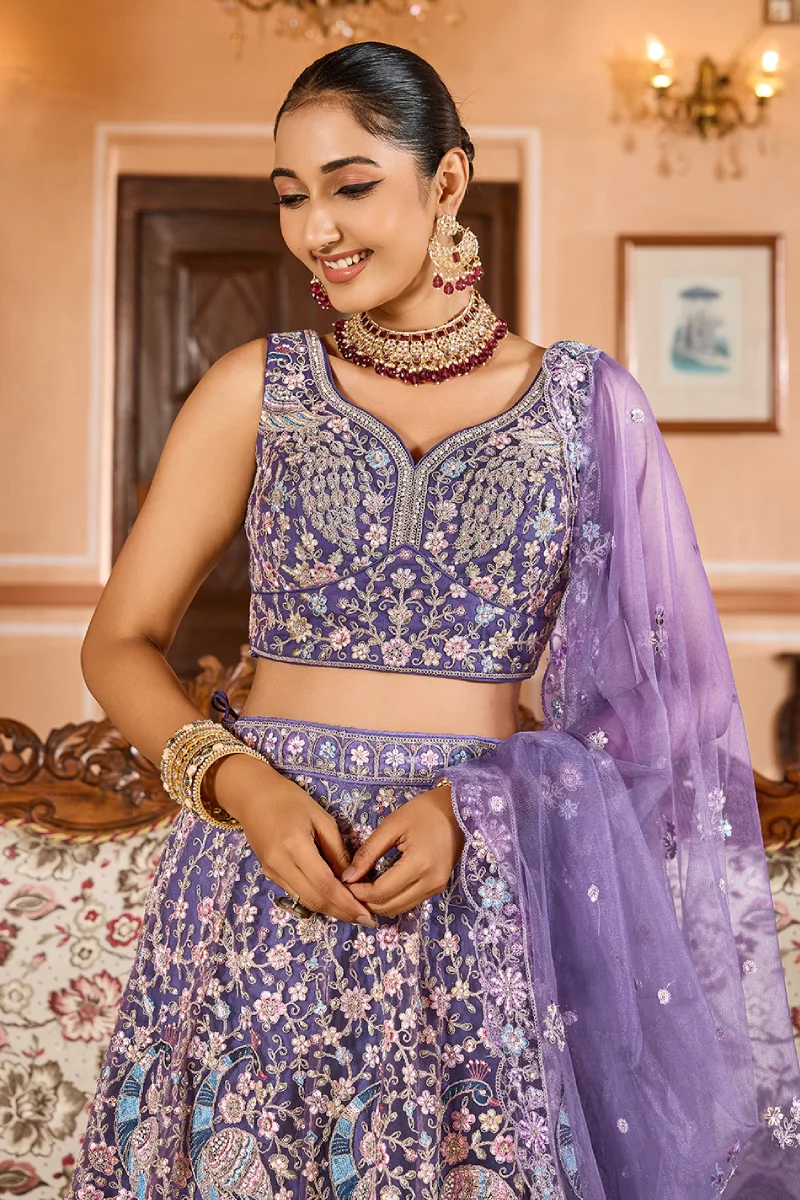 Purple Net Sequins Embroidered Lehenga with Blouse & Dupatta