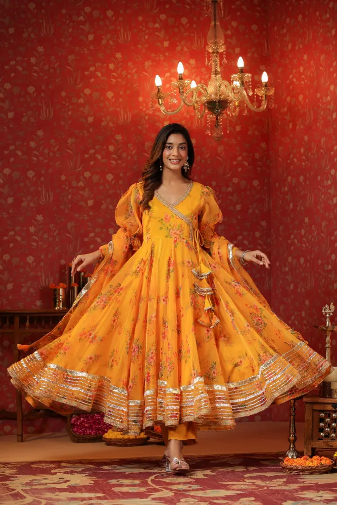 Saffron Yellow Organza Anarkali Set