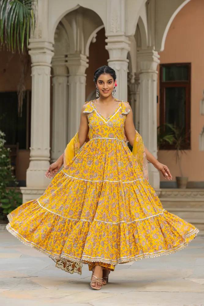 Saffron Yellow Cotton sleeveless Anarkali Suit Set