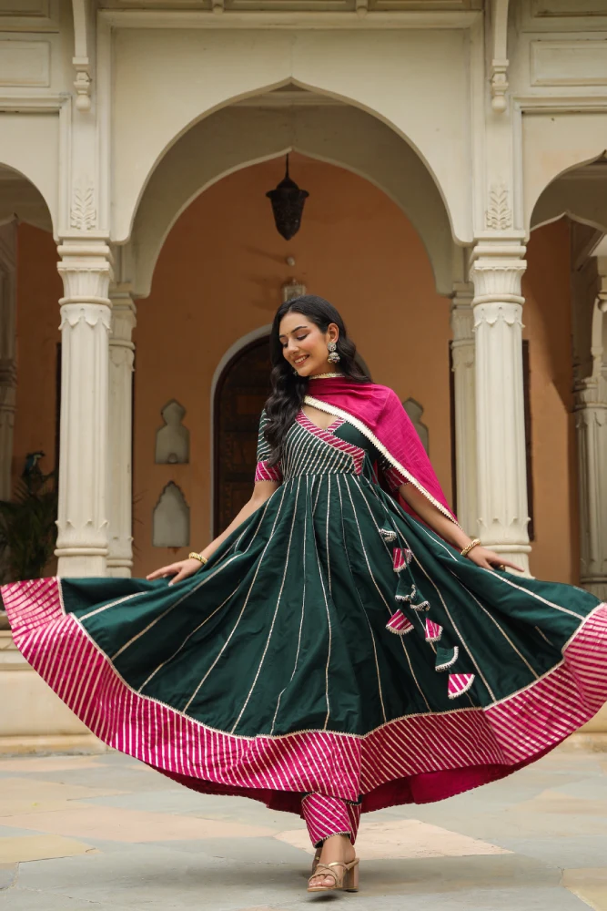 Stromboli Dark Green Cotton Slik Anarkali Suit Set