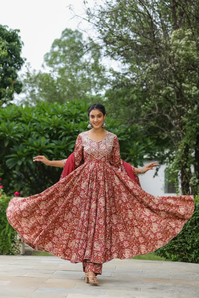 Mexican Red Cotton Anarkali Suit Set