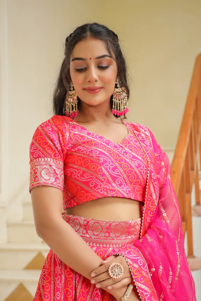 Pink Brocade Silk Bandhani Print Lehenga Set