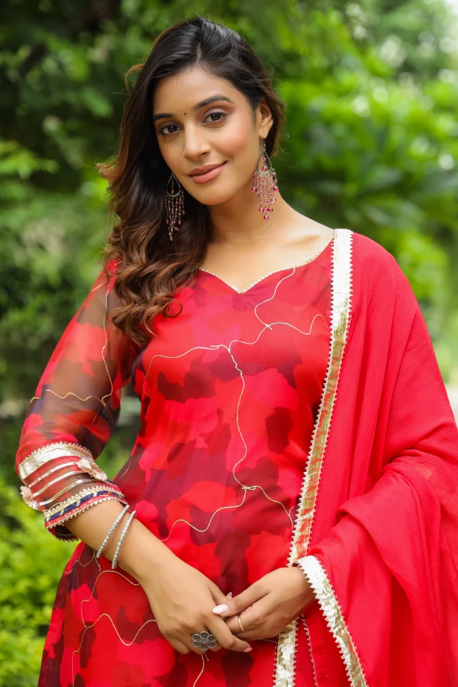 Froly Red Abstract Print organza Sharara Set