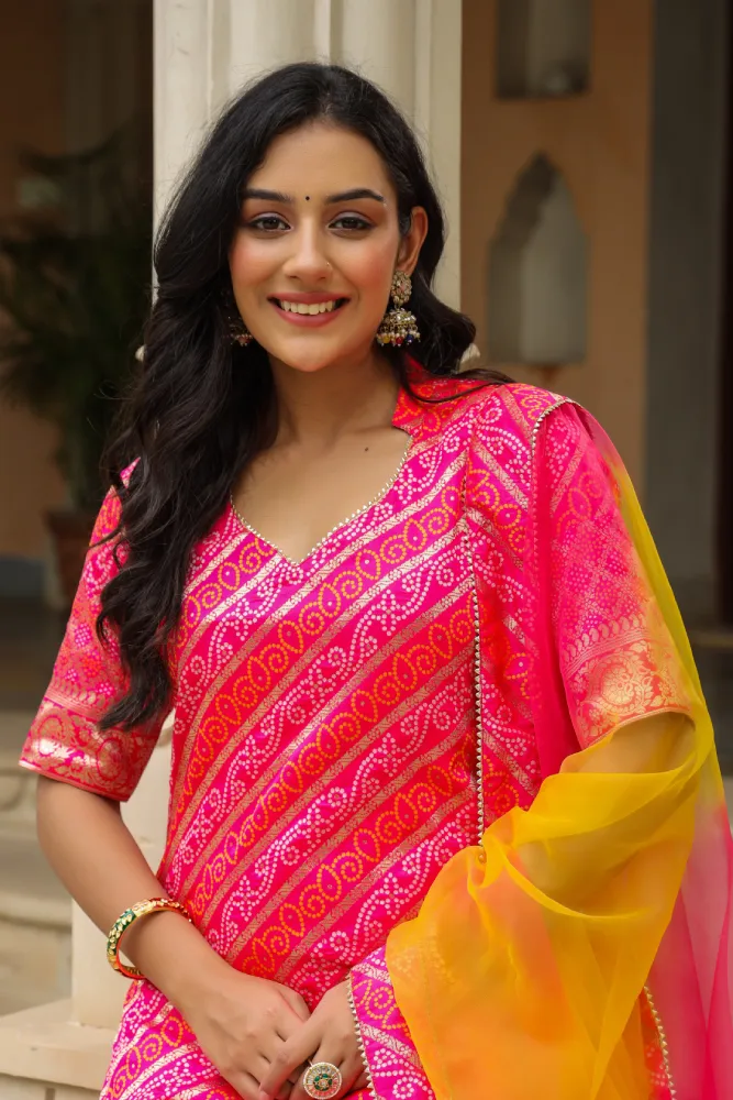Buttercup Pink Yellow Brocade Bandhani Print Sharara Set
