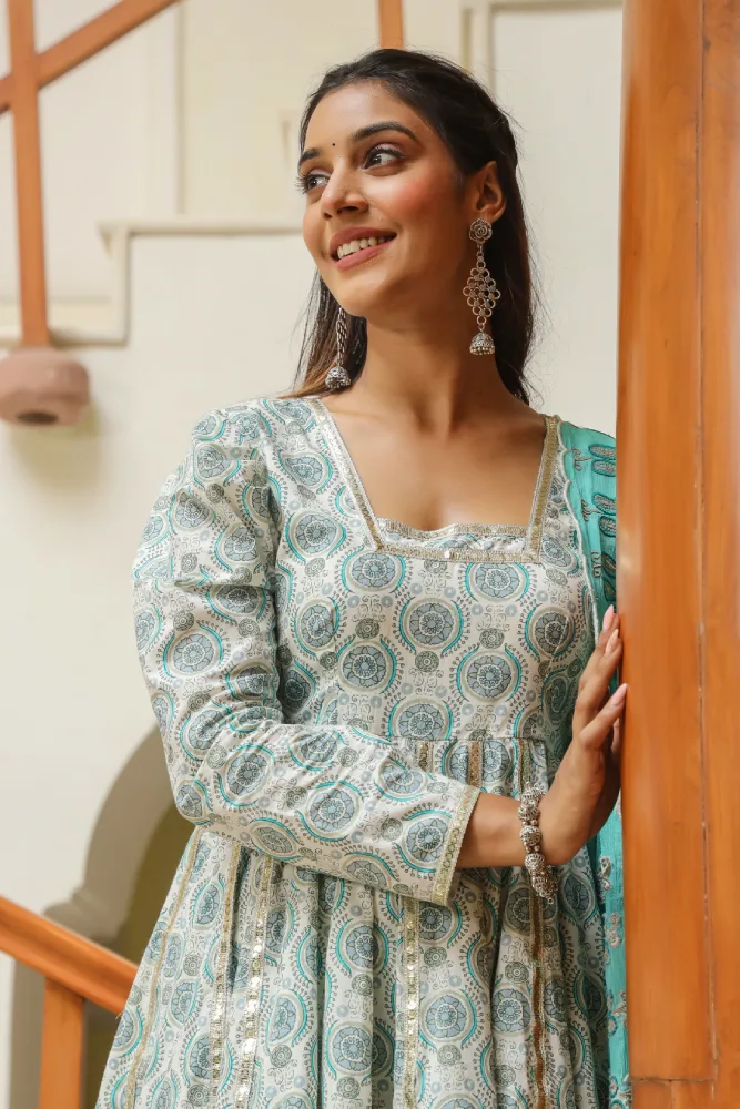 Fountain Blue Cotton Printed Sharara Set