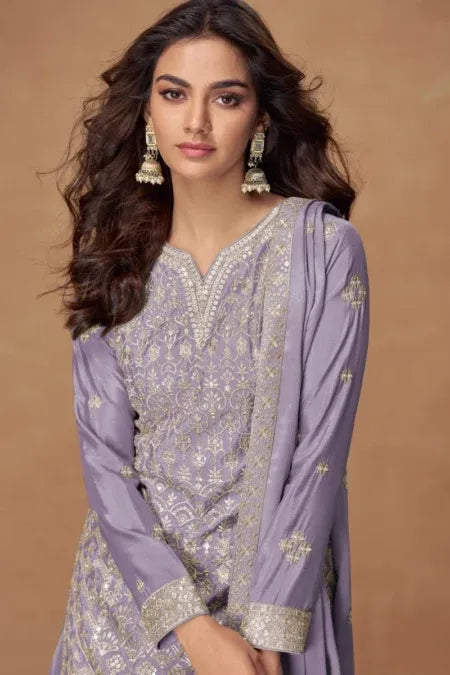 Violet Chinon Embroidered Palazzo Suit with Dupatta