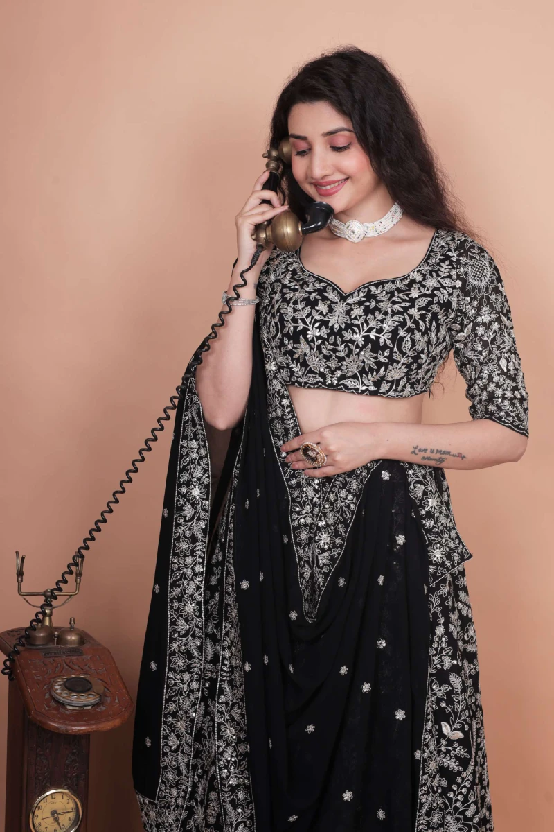 Black Harirer Georgette Silk Embroidered Lehenga Choli Set