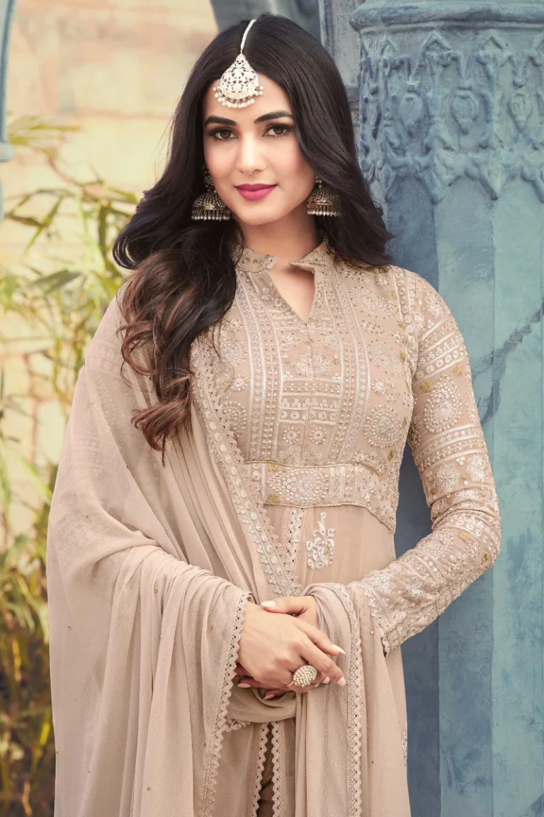 Beige Georgette Anarkali Suit with Zari & Diamond Work