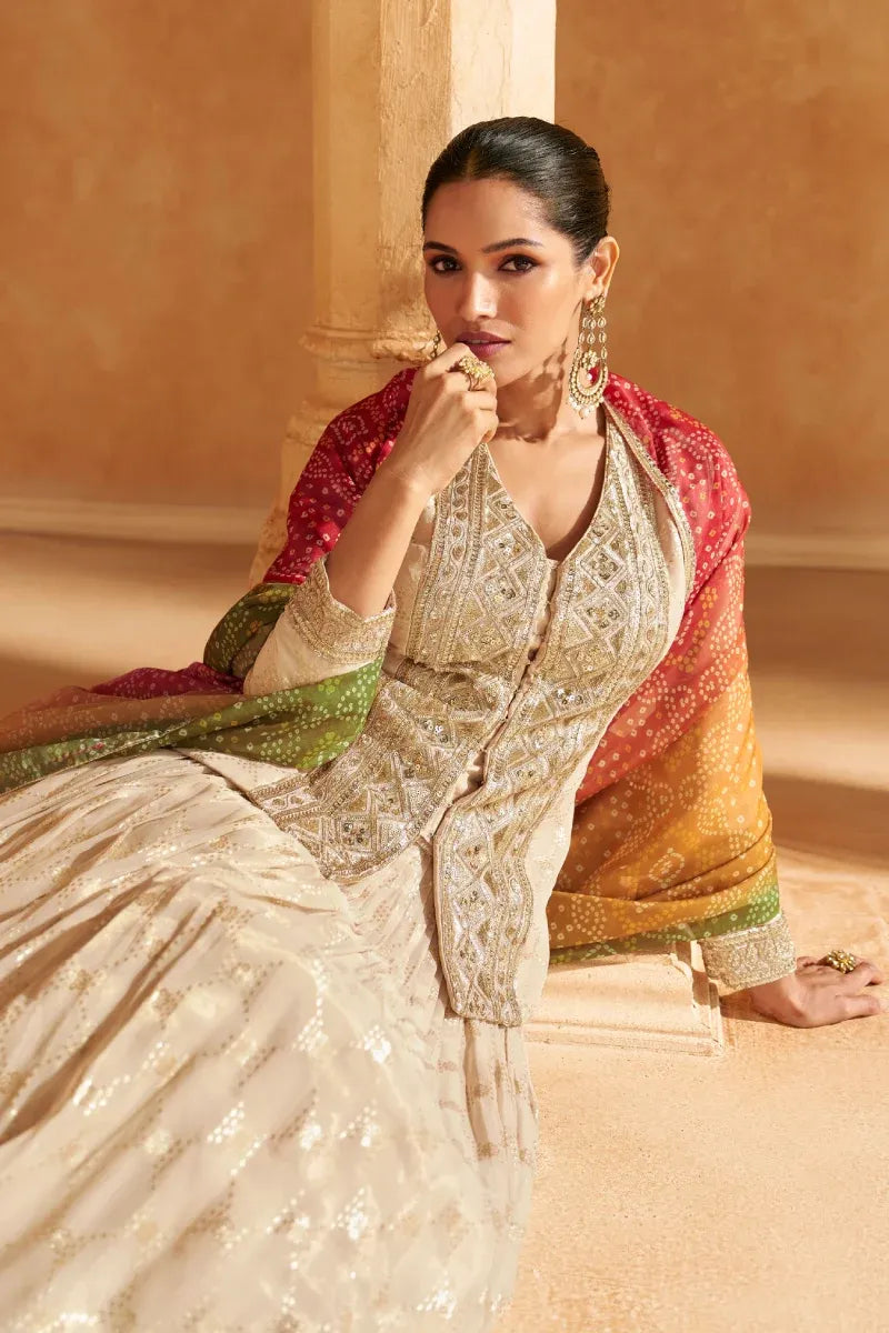 Beige Embroidered Jacquard Silk Lehenga Set