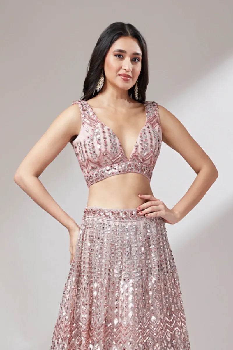 Rose Gold Net Mirror & Sequin Embroidery Lehenga Choli & Dupatta