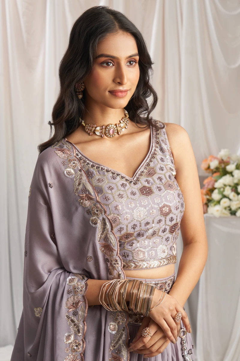 Mauve Georgette Sequin Embroidery Lehenga Choli & Dupatta