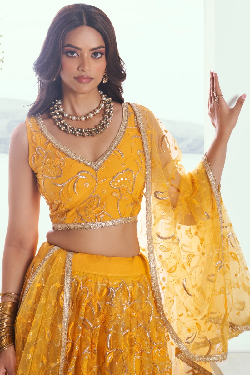 Yellow Butterfly Net Lehenga Choli with Embroidered Thread Work