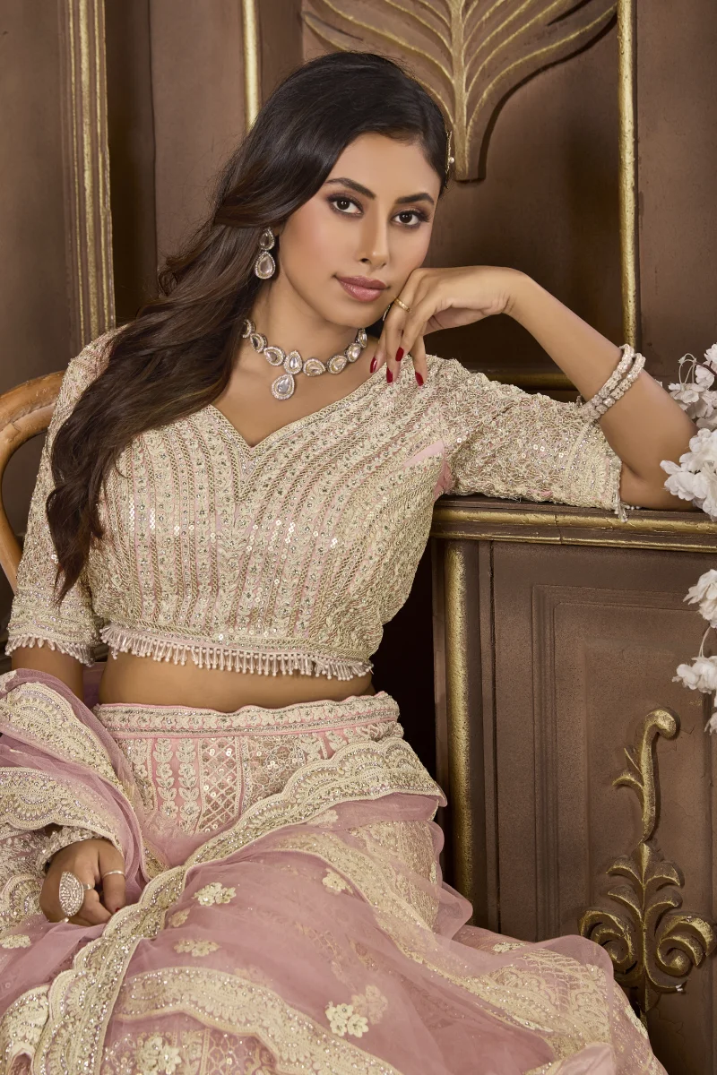 Peach Premium Net Bridal Lehenga Choli with Embroidery and Sequins