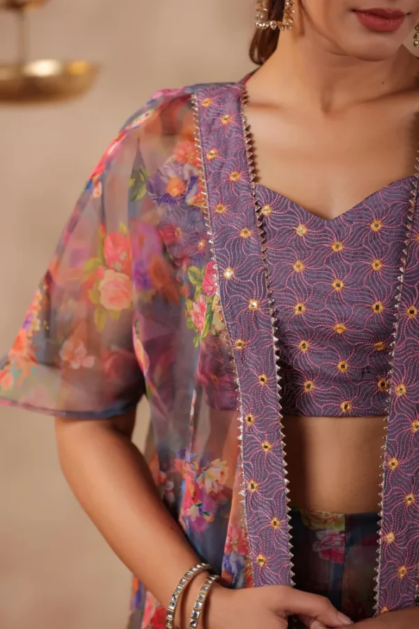 Grey Printed organza Shrug Set With Embroidery Top Set Of 3