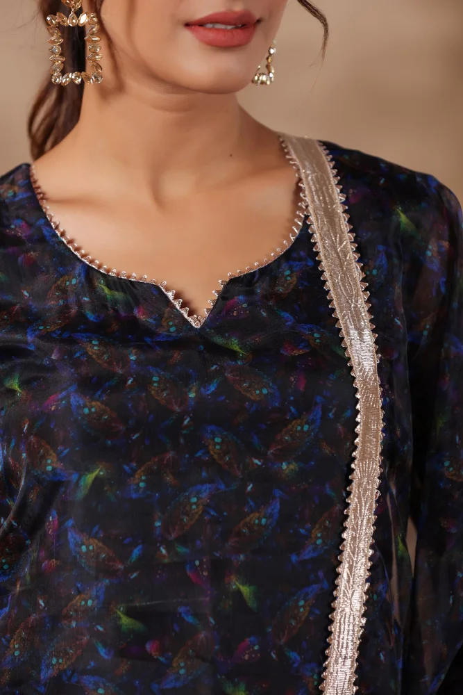 Black organza Printed Stright Kurta set Of 3