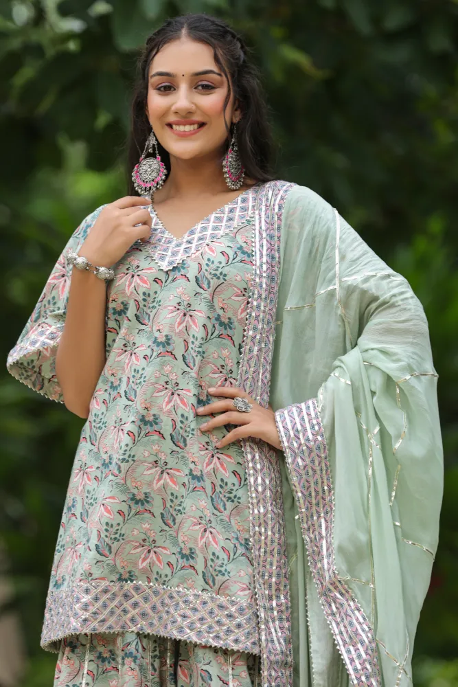 Sea green Cotton Printed Sharara Set