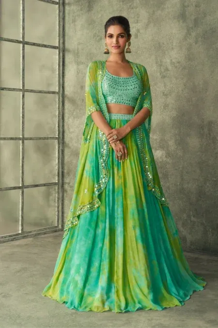 Green Art Silk Mirror Work Lehenga Set