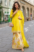 Yellow Chinon Embroidered Top with Cream Sharara