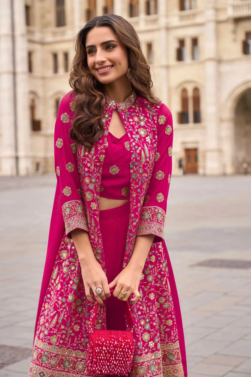 Rani Pink Georgette Embroidered Blouse with Palazzo and Jacket