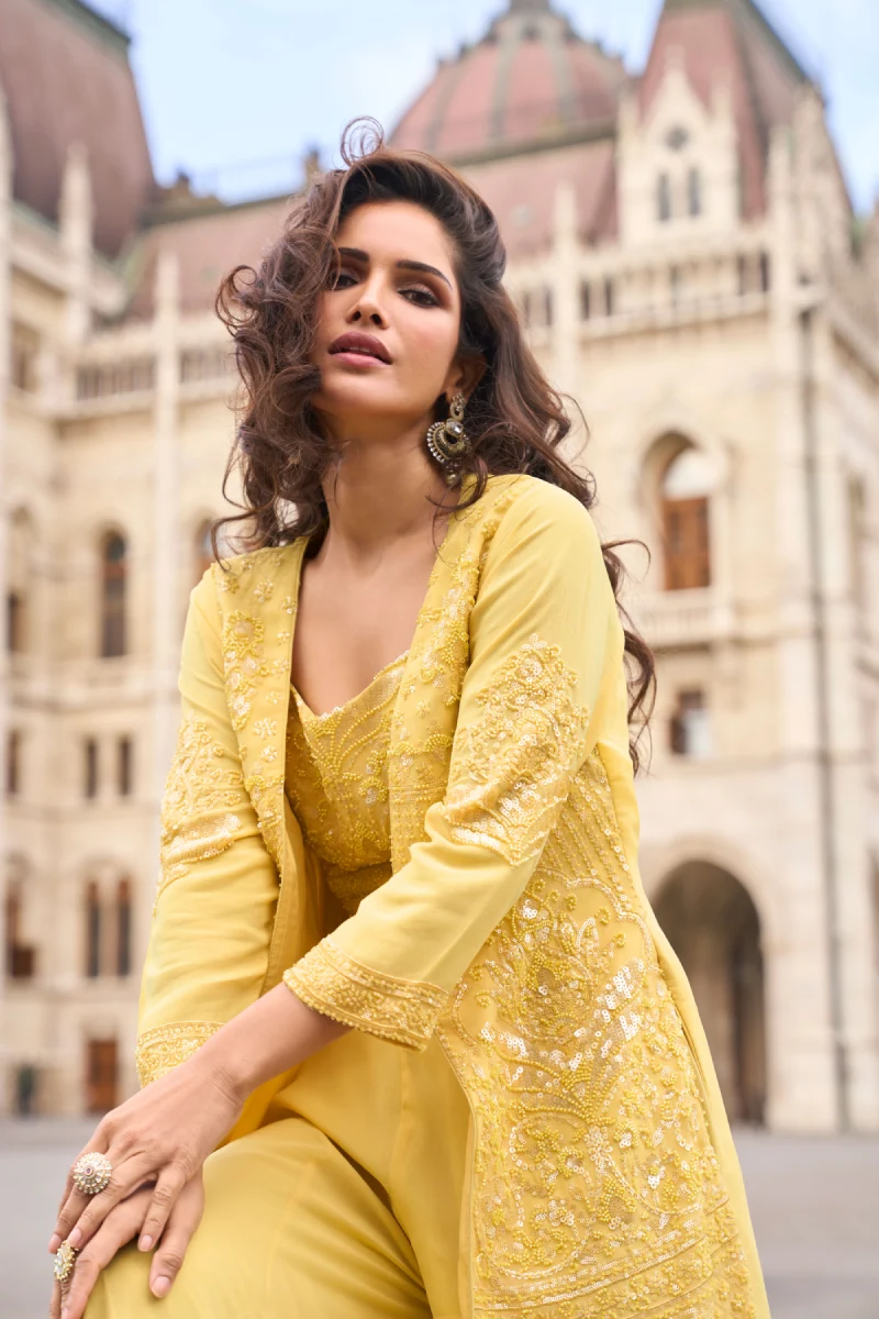 Yellow Georgette Embroidered Blouse with Palazzo and Jacket