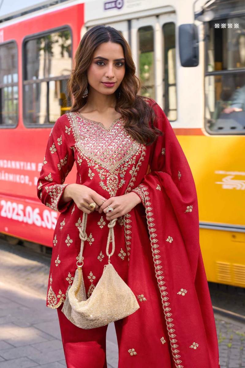 Red Simar Silk Straight Suit with Pant & Organza Dupatta