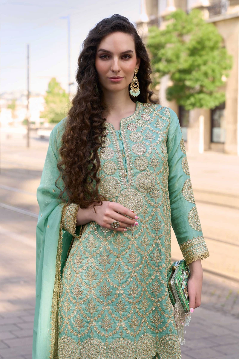 Sea Green Simar Silk Straight Palazzo Suit with Organza Dupatta