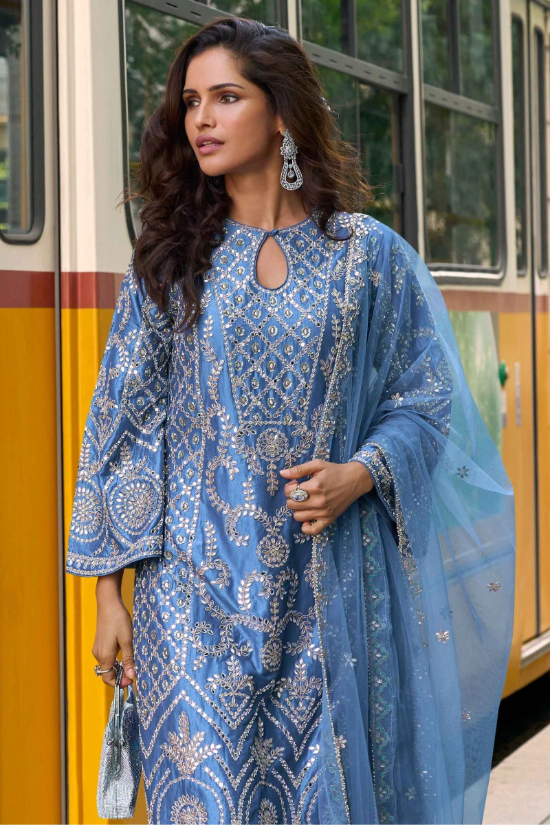 Blue Simar Silk Straight Palazzo Suit with Organza Dupatta