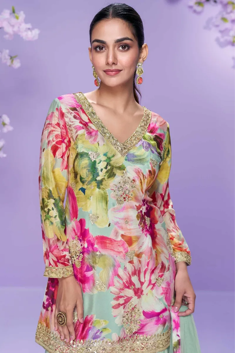 Multi & Sea Green Chinnon Mirror Work Palazzo Suit